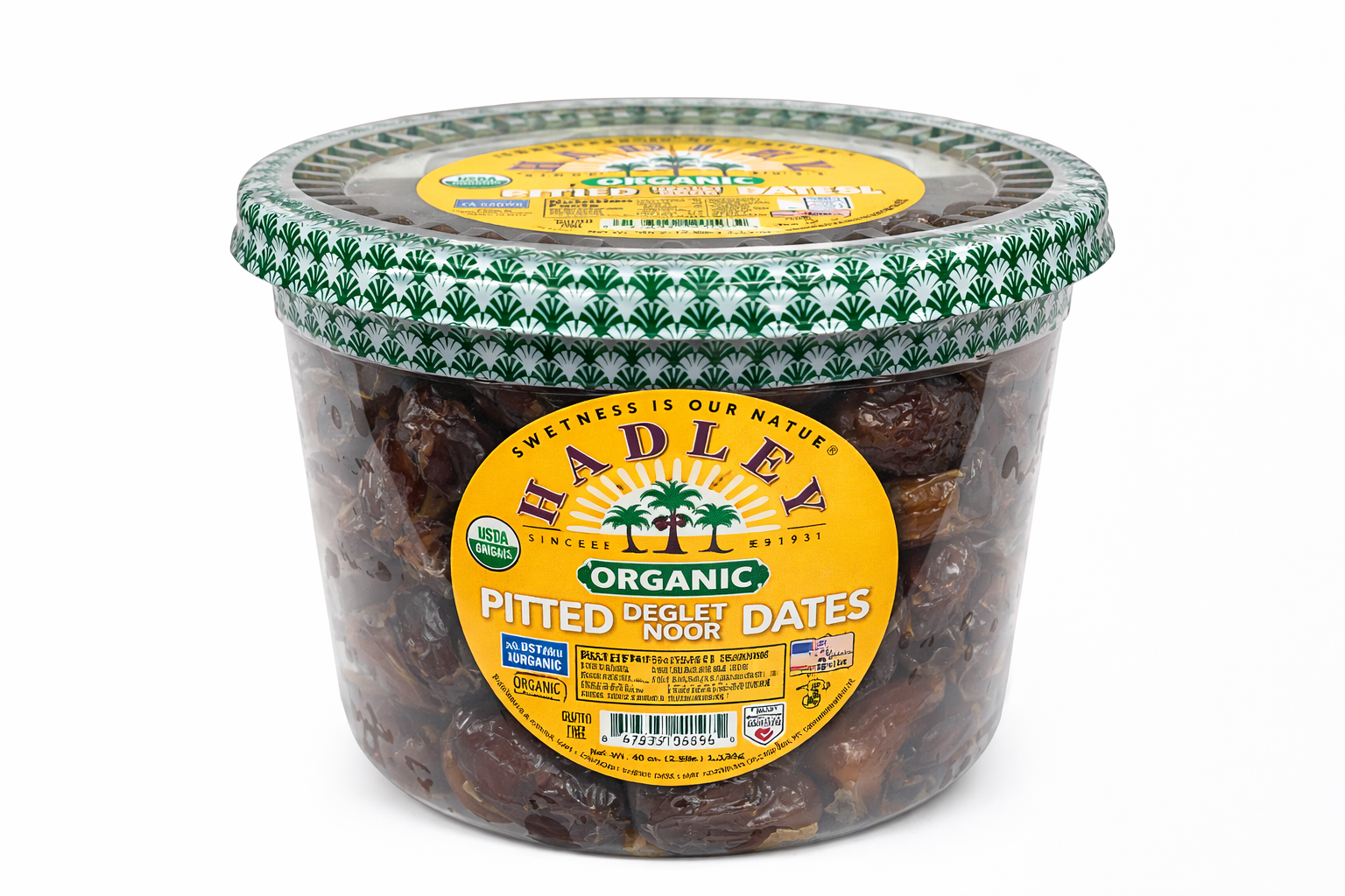 Hadley Organic Pitted Dates California Grown Deglet Noor 40 OZ jar with label highlighting organic pitted deglet noor dates.
