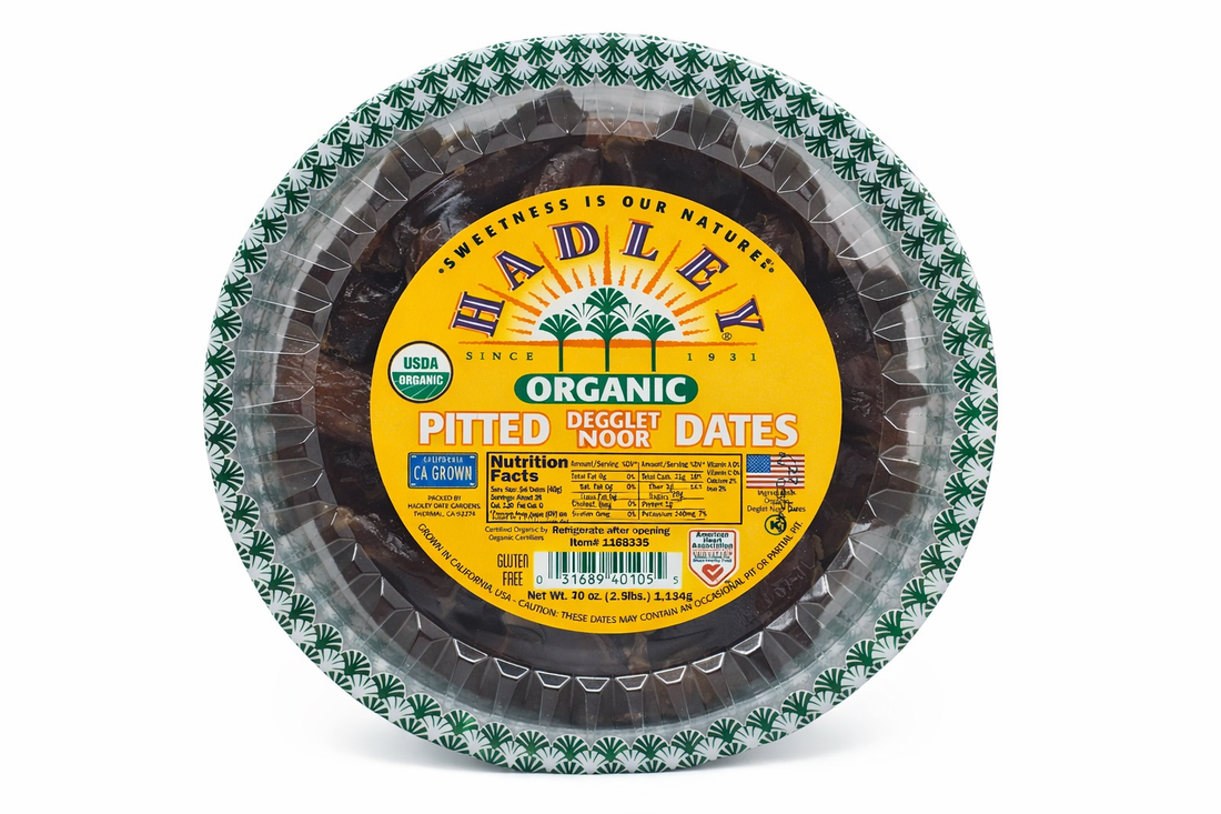 Hadley Organic Pitted Dates California Grown Deglet Noor 40 OZ jar with label highlighting organic pitted deglet noor dates.