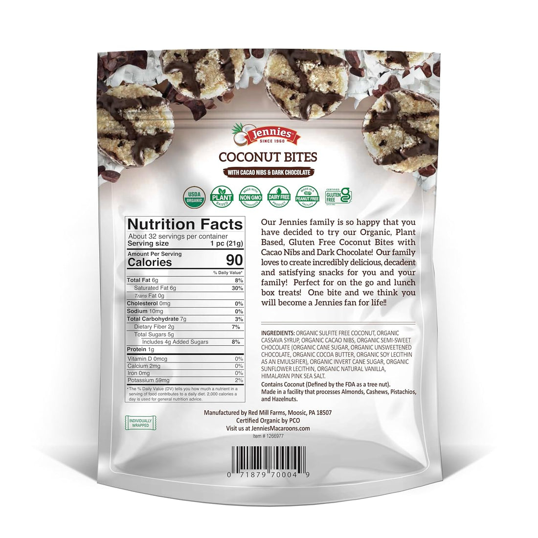 Jennies USDA Organic Coconut Cacao Nibs and Dark Chocolate Bites, raw, vegan, 24 oz package.