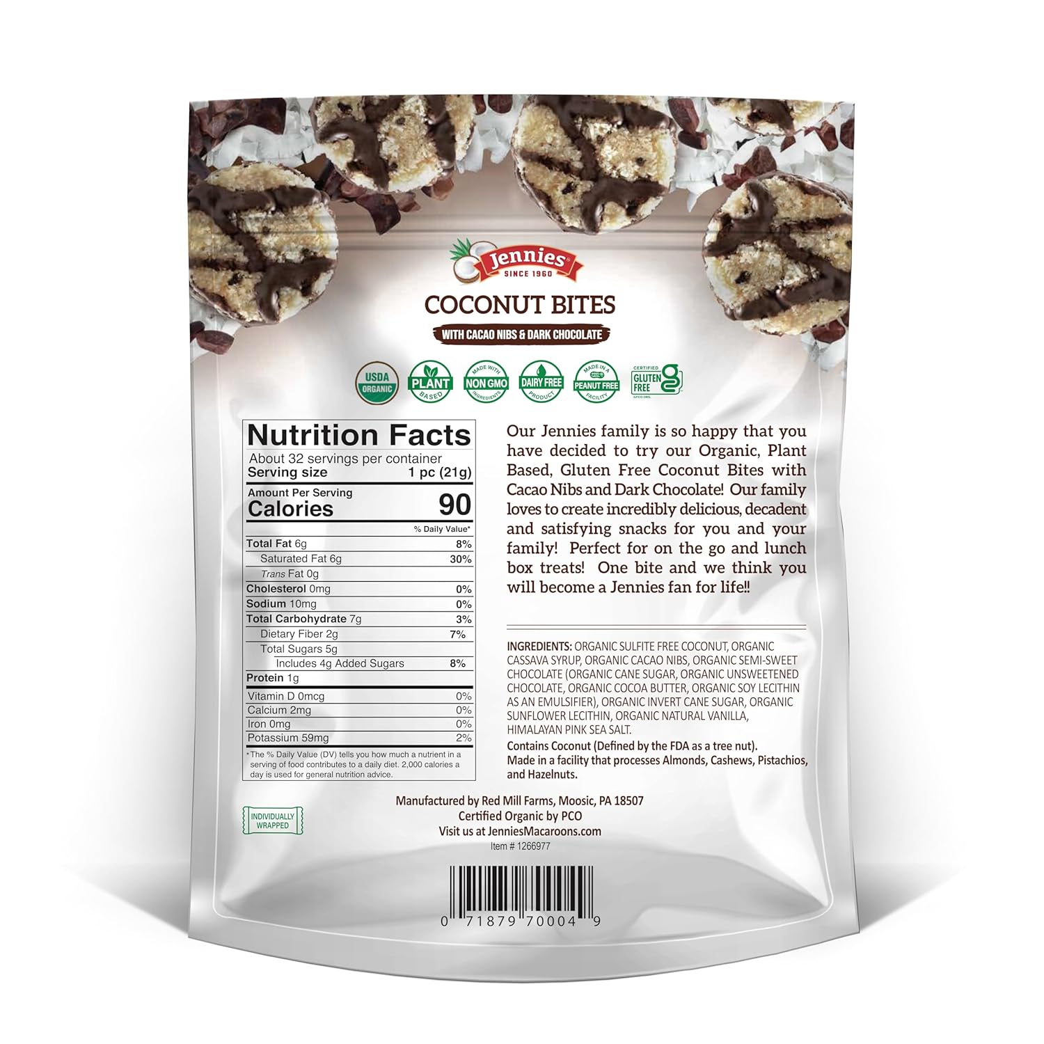 Jennies USDA Organic Coconut, Cacao Nibs and Dark Chocolate Bites package with nutrition facts for organic coconut cacao chocolate bites.