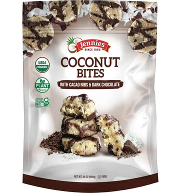 Jennies USDA Organic Coconut Cacao Nibs and Dark Chocolate Bites, raw, vegan, 24 oz package.