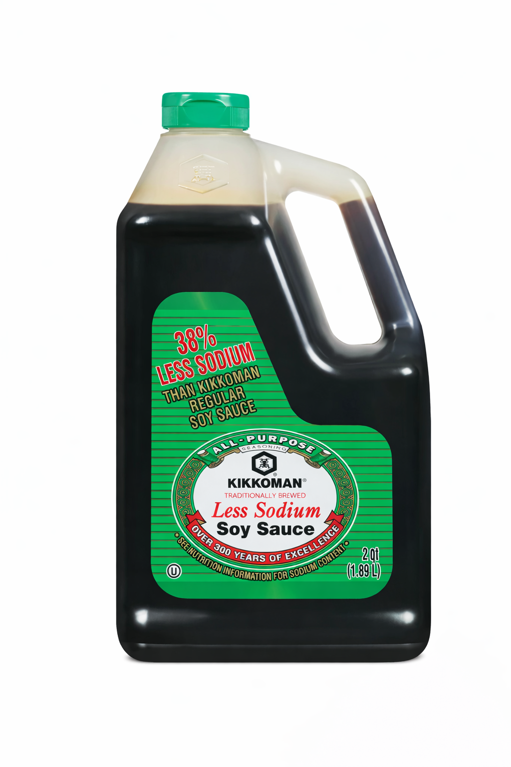 Kikkoman Lite Soy Sauce, 64-Ounce Bottle showcasing 38% less sodium than regular soy sauce.
