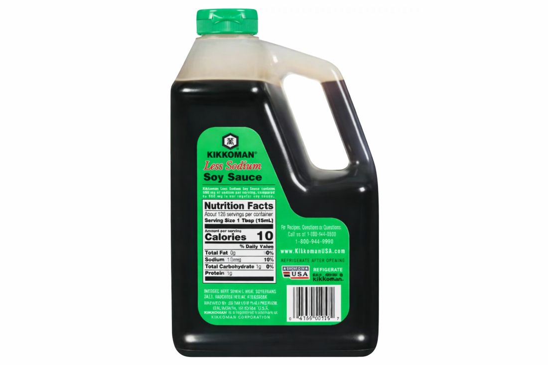Kikkoman Lite Soy Sauce, 64-ounce bottle showcasing less sodium nutrition facts for healthier cooking.