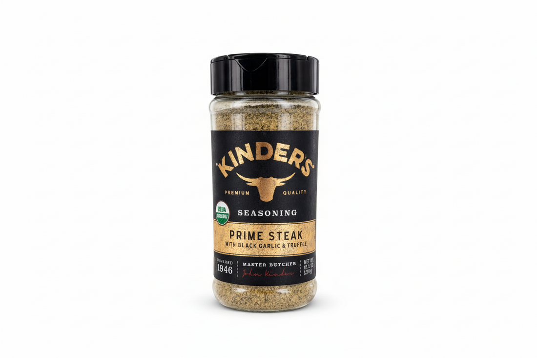 Kinder's Prime Steak seasoning jar with black garlic & truffle seasoning for enhanced flavor