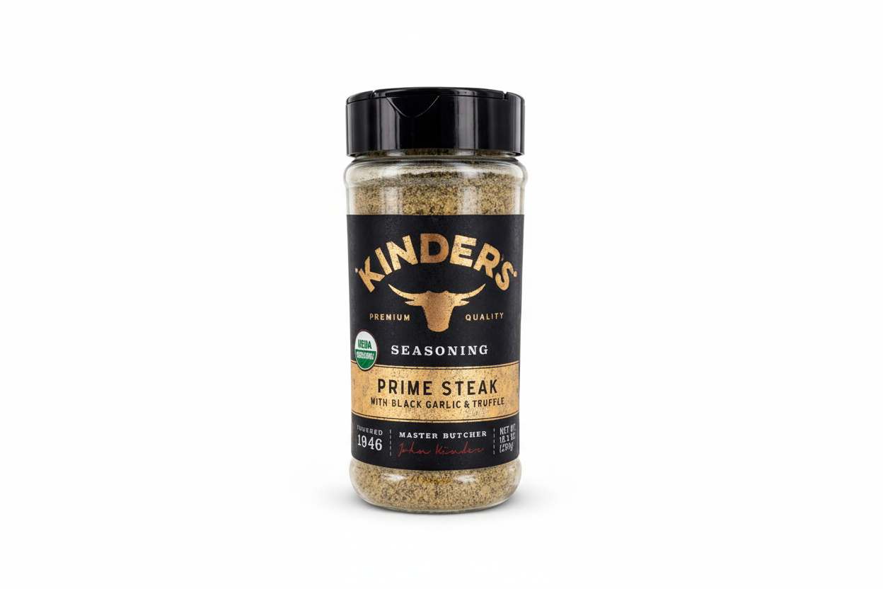 Kinder's Prime Steak seasoning jar with black garlic & truffle seasoning for enhanced flavor