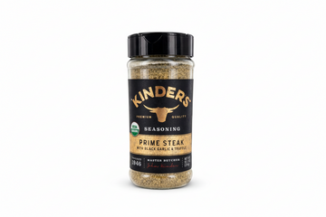Kinder's Prime Steak seasoning jar with black garlic & truffle seasoning for enhanced flavor