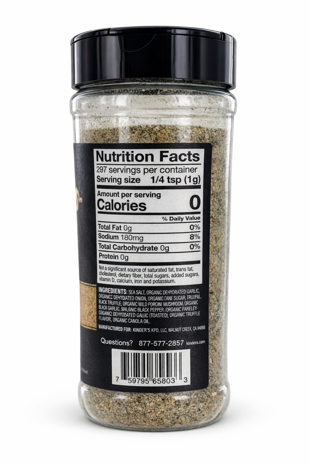 Kinder's Prime Steak seasoning jar with black garlic & truffle seasoning for enhanced flavor