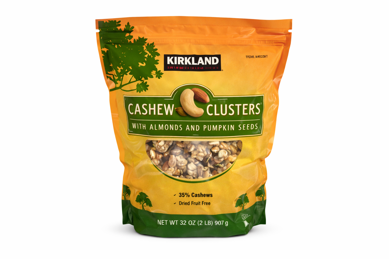 Kirkland's Cashew Clusters with Almonds and Pumpkin Seeds, 32 oz bag, a tasty cashew almond pumpkin seed snack.