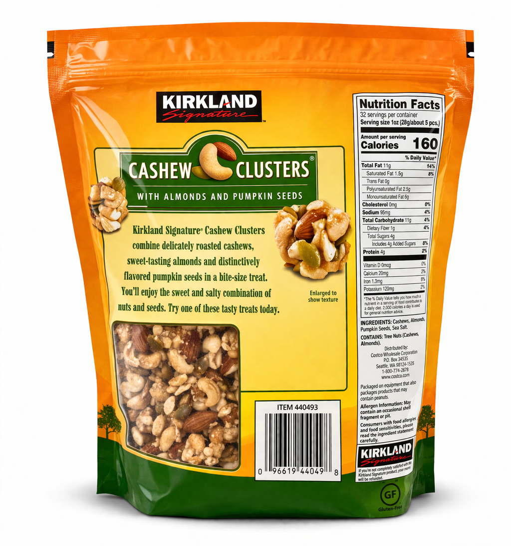 Kirkland Signature's cashew almond pumpkin seed snack in a colorful bag, featuring cashew clusters with almonds and pumpkin seeds.