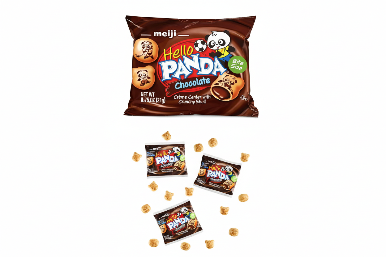 Meiji Hello Panda chocolate cookies 8-pack featuring bite-sized cookies and individual servings.