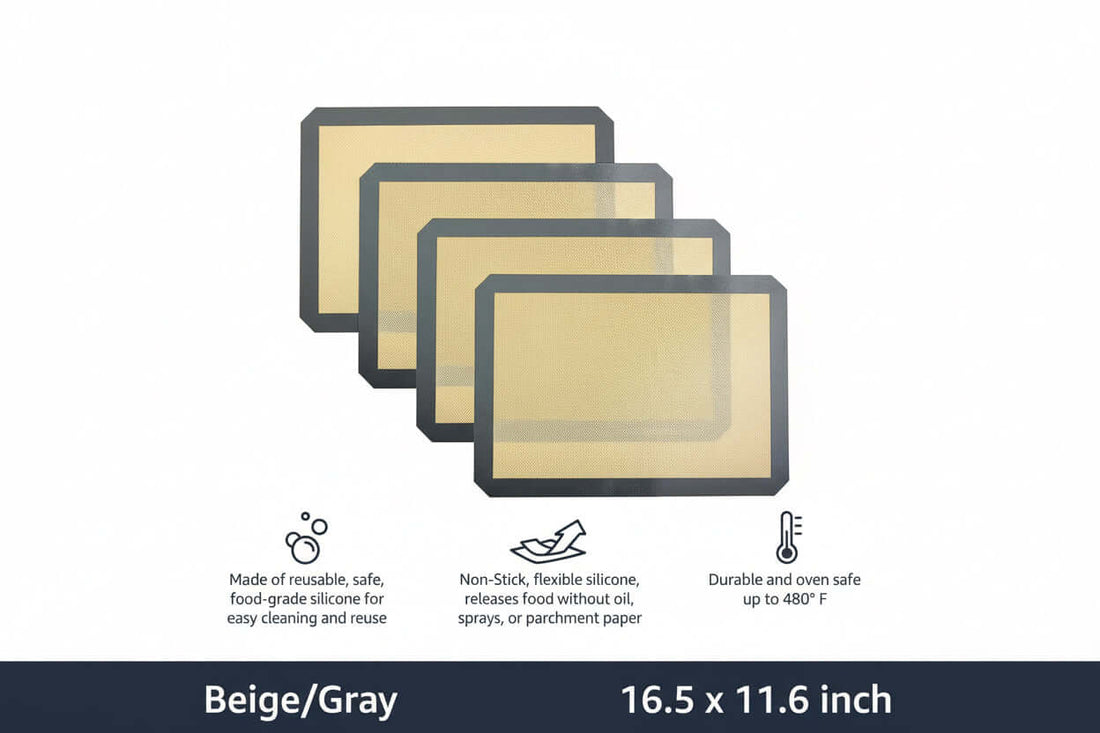 Non-Stick Silicone Baking Mat, Food Safe, Dishwasher Safe, Heat Resistant, 16.5" x 11.6", Beige/Gray, Rectangular, 4-Pack