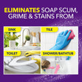 OxiClean bathroom cleaner eliminates soap scum, grime, and stains from sink, toilet, tile, and shower/bathtub.