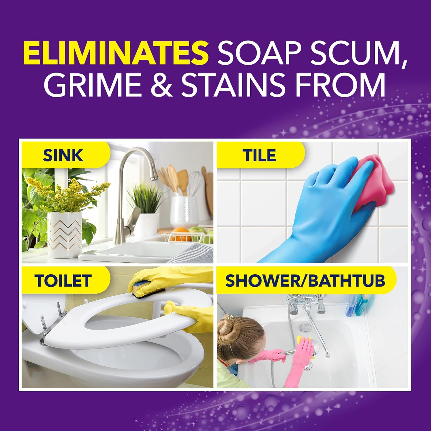 OxiClean bathroom cleaner eliminates soap scum, grime, and stains from sink, toilet, tile, and shower/bathtub.