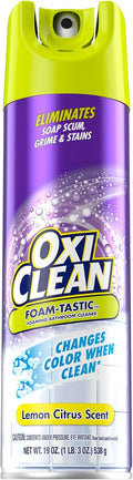 OxiClean bathroom cleaner in a 19 oz spray bottle with lemon citrus scent, eliminates soap scum, grime, and stains.