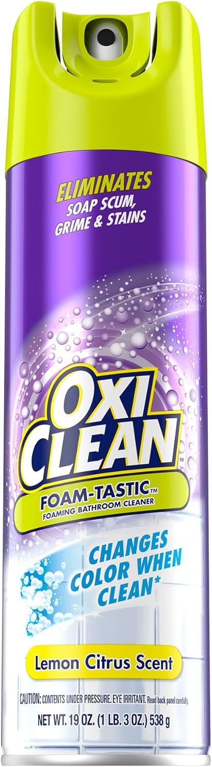 OxiClean bathroom cleaner in a 19 oz spray bottle with lemon citrus scent, eliminates soap scum, grime, and stains.