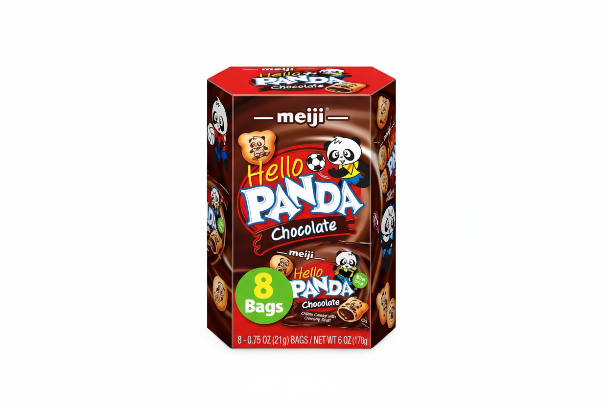 Meiji Hello Panda chocolate cookies 8-pack with 8 bags of chocolate-filled cookies in a colorful box.