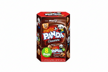 Meiji Hello Panda chocolate cookies 8-pack with 8 bags of chocolate-filled cookies in a colorful box.