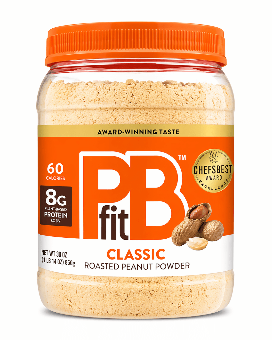 PBfit Peanut Butter Powder 30oz jar, high protein peanut butter powder with 8g protein, 60 calories, gluten-free.