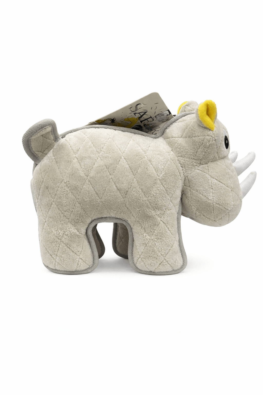SAFARI Tough Dog Plush Toy featuring a rhinoceros design, a durable dog plush toy with squeaker for interactive play.