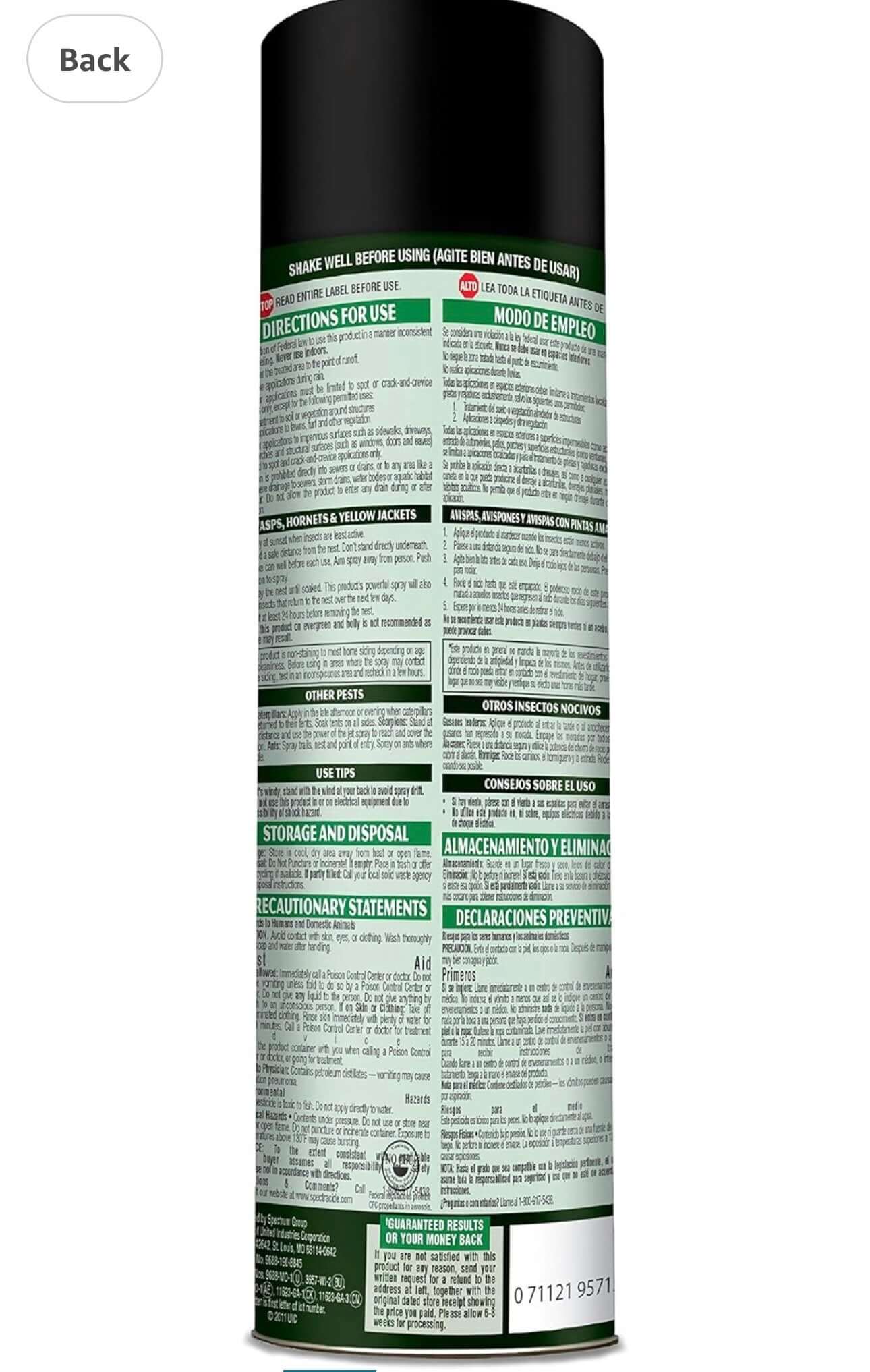 Back label of Spectracide Wasp & Hornet Killer Spray can detailing usage instructions and safety information.