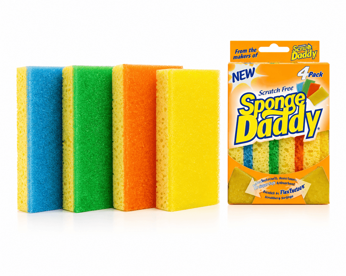 Sponge Daddy scrub sponges set of 4, featuring scratch-free design and vibrant colors for effective cleaning.