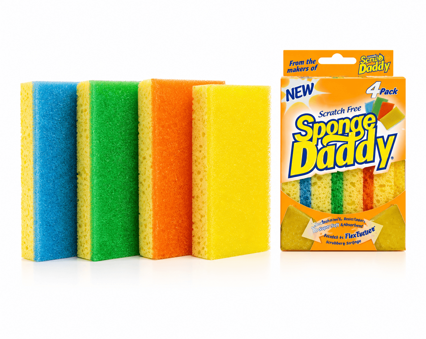 Sponge Daddy scrub sponges set of 4, featuring scratch-free design and vibrant colors for effective cleaning.