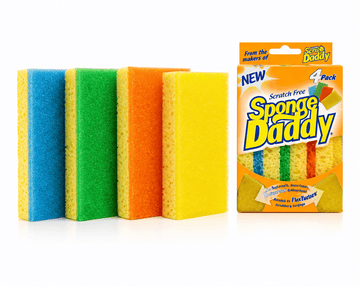 Sponge Daddy scrub sponges set of 4, featuring scratch-free design and vibrant colors for effective cleaning.