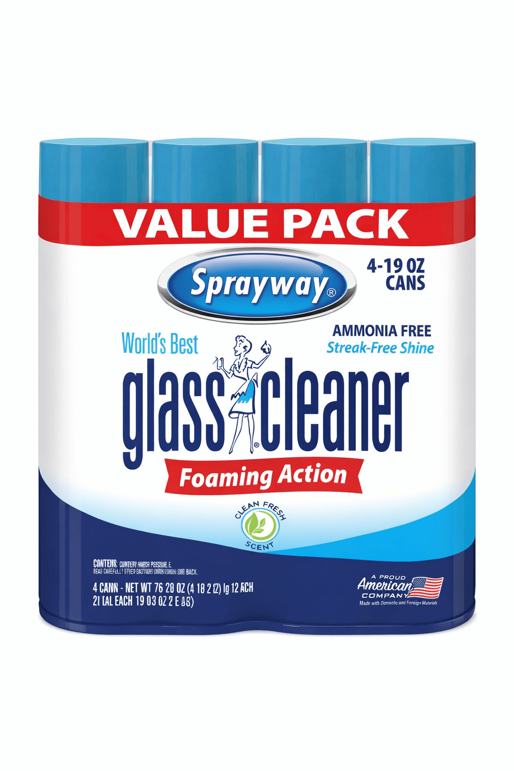 Sprayway Glass Cleaner value pack with 4 cans, ammonia-free streak-free glass cleaner for cleaning surfaces.
