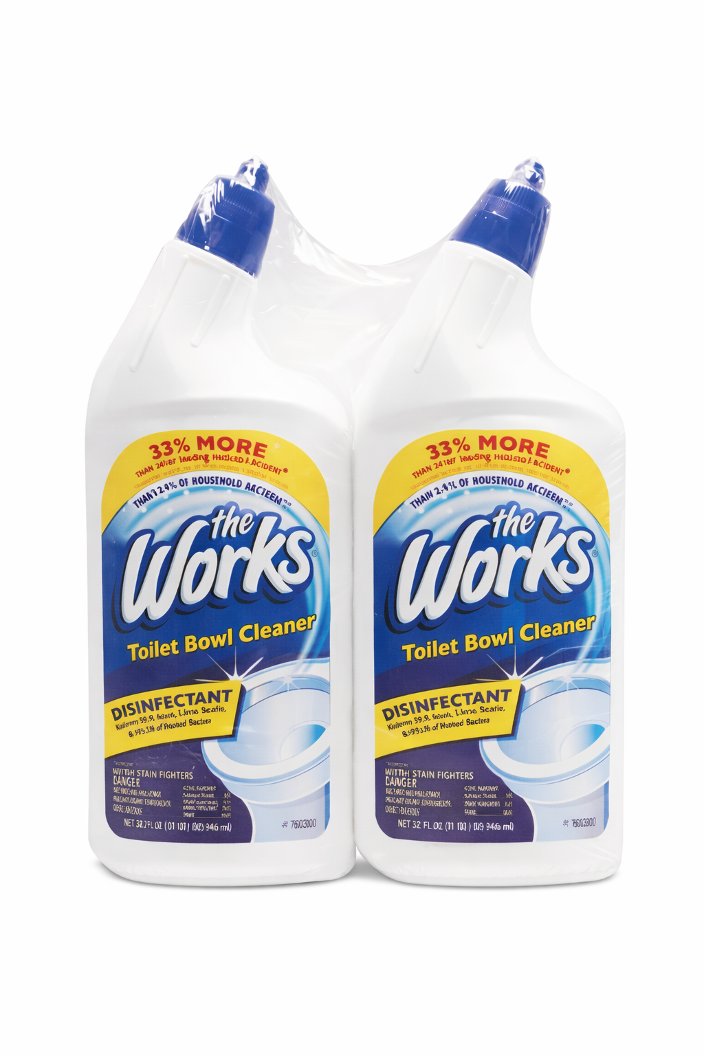 The Works 33302WK Disinfectant Toilet Bowl Cleaner, 32 oz Bottle, 2/Pack with formulation details.